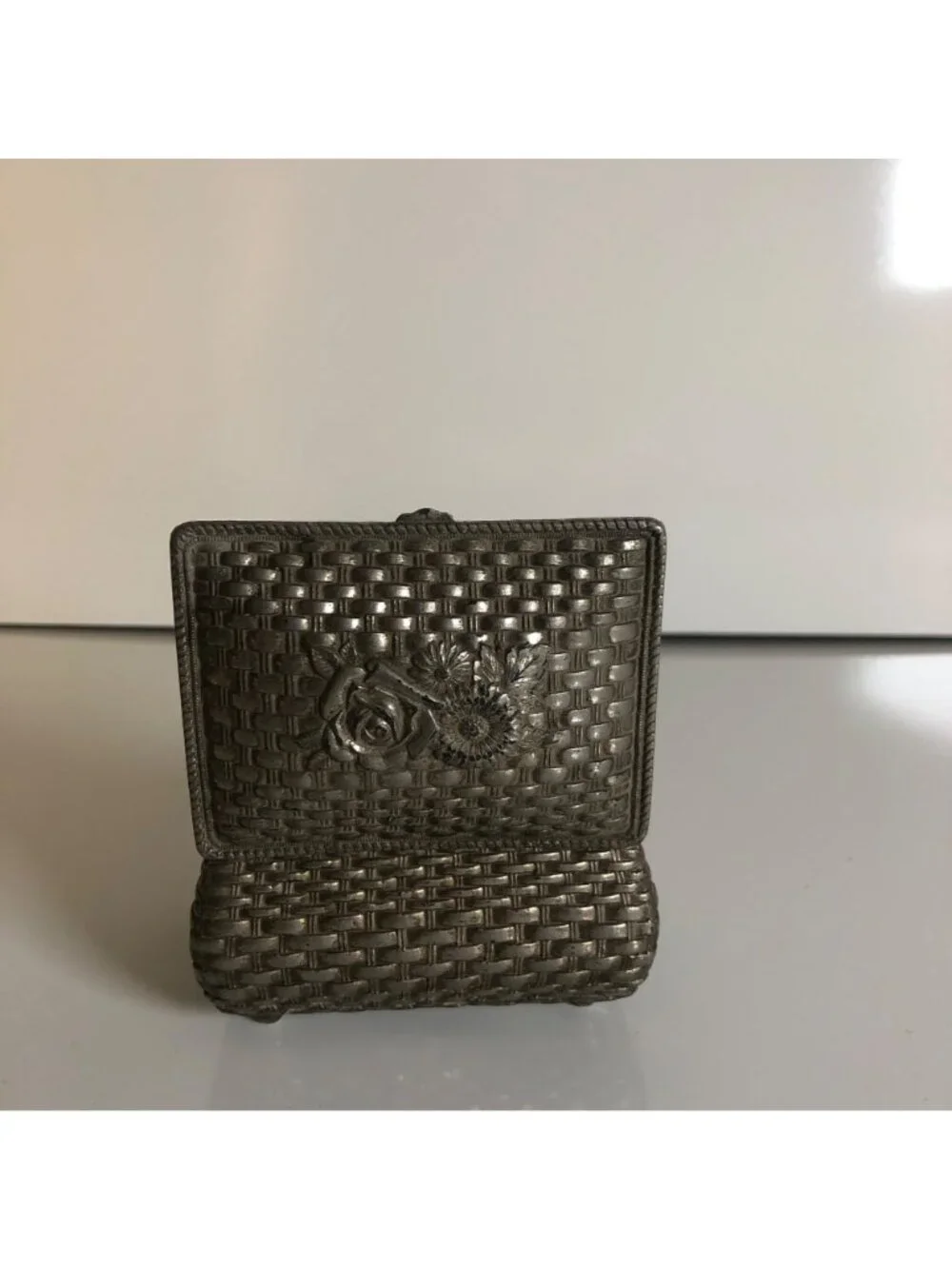 Vintage Silver Plated Jewelry Box Made in Japan Basket Weave Floral Trinket Cask
